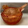 Image 1 : Heisy (Marked) Pink Depression Glass "Dove / Bird on Nest" RARE! Circa 1930's