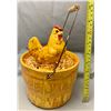 Image 2 : Tall Pottery / Ceramic 8 1/2" tall Hen in Basket with wire/wood handle