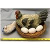 Image 1 : Extra Large Ceramic / Pottery Hen on Nest with 3 x Ceramic Eggs & real grass Nest! RARE!