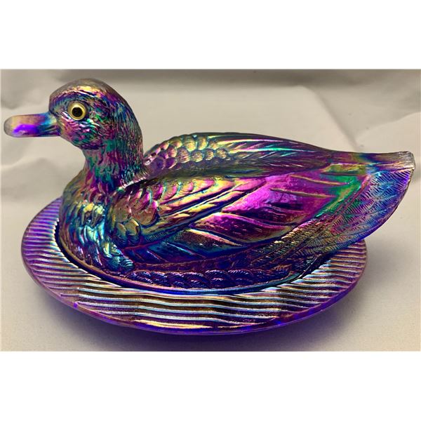 Westmoreland Carnival Glass 9" cobalt blue Duck on Nest with Glass Eyes!