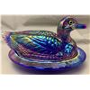 Image 2 : Westmoreland Carnival Glass 9" cobalt blue Duck on Nest with Glass Eyes!