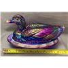 Image 6 : Westmoreland Carnival Glass 9" cobalt blue Duck on Nest with Glass Eyes!