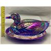 Image 7 : Westmoreland Carnival Glass 9" cobalt blue Duck on Nest with Glass Eyes!