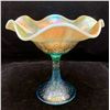 Image 2 : Northwood Aqua Opal Carnival Glass "Hearts & Flowers" Stemmed Ruffled Compote / Rare / Circa 1909