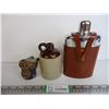 Image 1 : Small Stoneware Jug, Vintage Leather Hip Flask, Heavy Metal Aboriginal Ornament