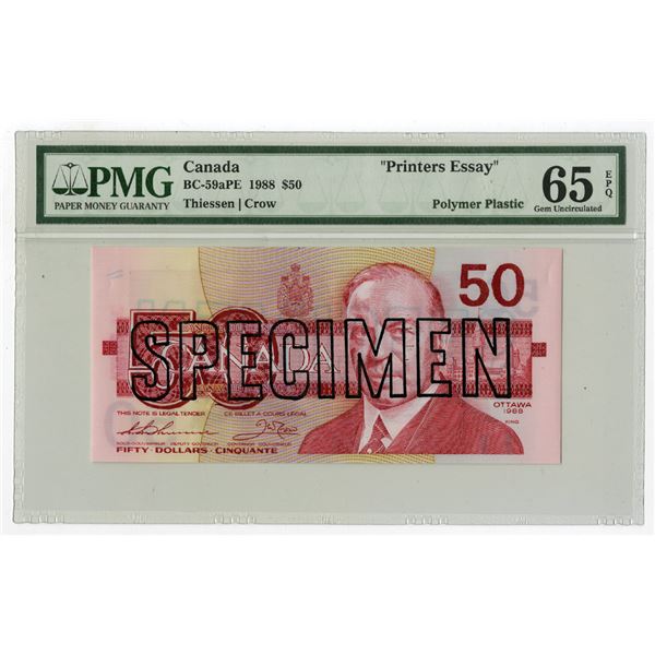 Bank of Canada, 1988, $50, "Printers Essay" DuraNote Polymer Paper Banknote.
