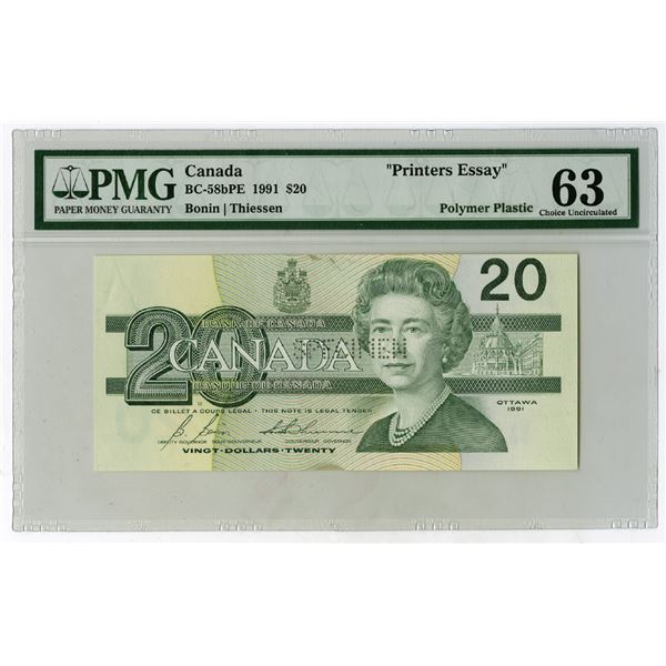 Bank of Canada, 1991, $20, "Printers Essay" DuraNote Polymer Paper Banknote.
