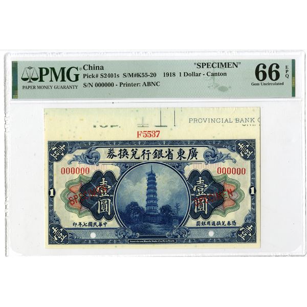 Provincial Bank of Kwang Tung Province, 1918 "Top Pop" "Exchange Note" Specimen Banknote.
