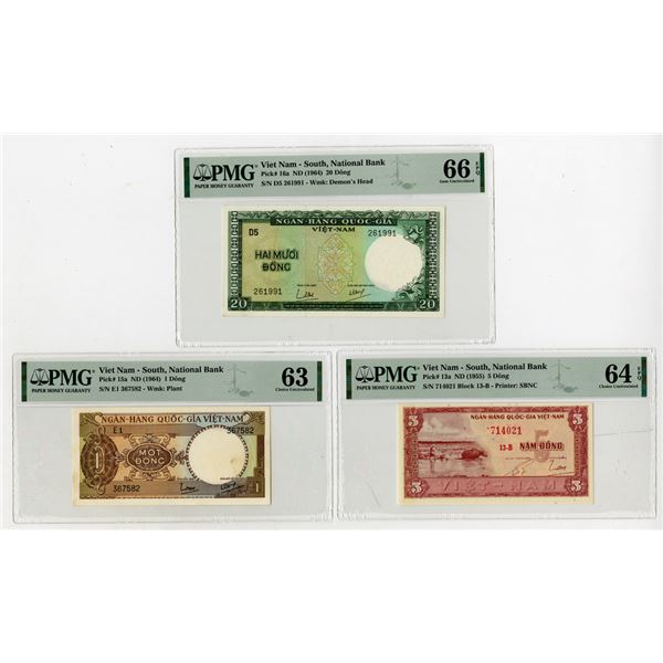 National Bank, South Viet Nam. 1955-1964. Lot of 3 Issued Notes.