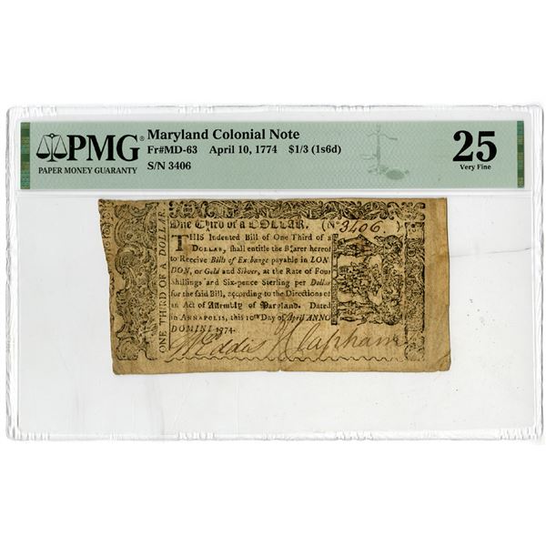 Maryland Colonial Note, April 10, 1774, $1/3 (1s6d), MD-63, PMG Very Fine 25.