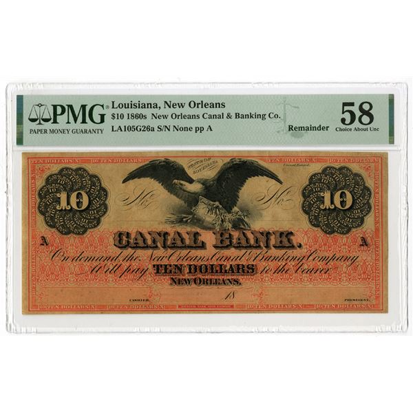 Canal Bank, $10, 1860s Obsolete Banknote Remainder