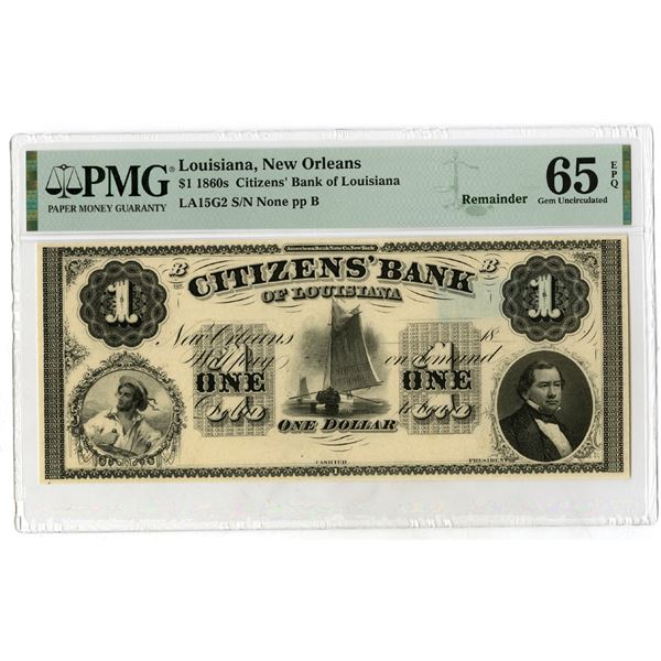 Citizens' Bank of Louisiana, 1860s, High Grade $1 Remainder Obsolete Banknote.