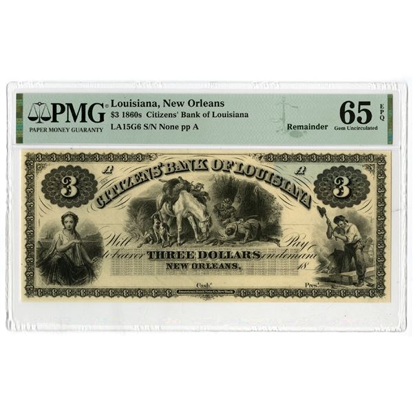 Citizens' Bank of Louisiana, 1860s, High Grade $3 Remainder Obsolete Banknote.