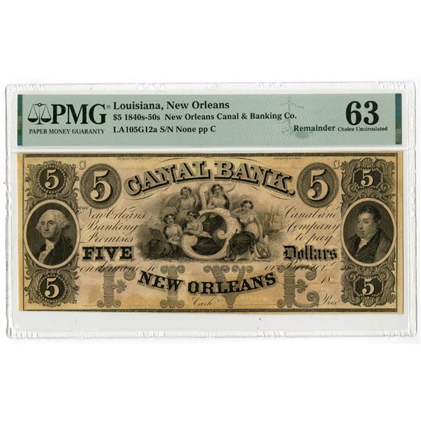 New Orleans Canal & Banking Co., 1840s-50s, $5, Remainder Obsolete Banknote
