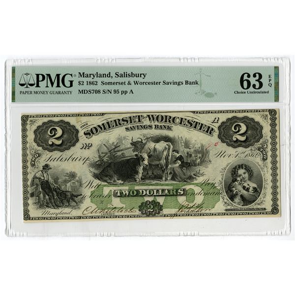 Somerset & Worcester Savings Bank, 1862, $2, Issued Obsolete Banknote