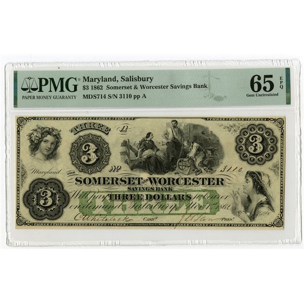 Somerset & Worcester Savings Bank, 1862, $3, Issued Obsolete Banknote