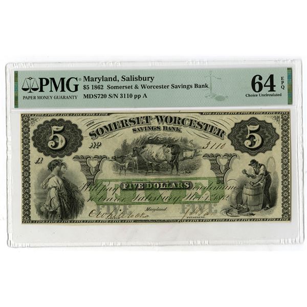 Somerset & Worcester Savings Bank, 1862, $5, Issued Obsolete Banknote