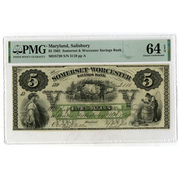 Somerset & Worcester Savings Bank, 1862, $5, Issued Obsolete Banknote