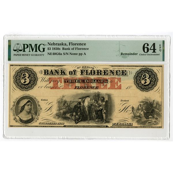 Nebraska, Bank of Florence, 1850s, $3 Remainder Obsolete Banknote.