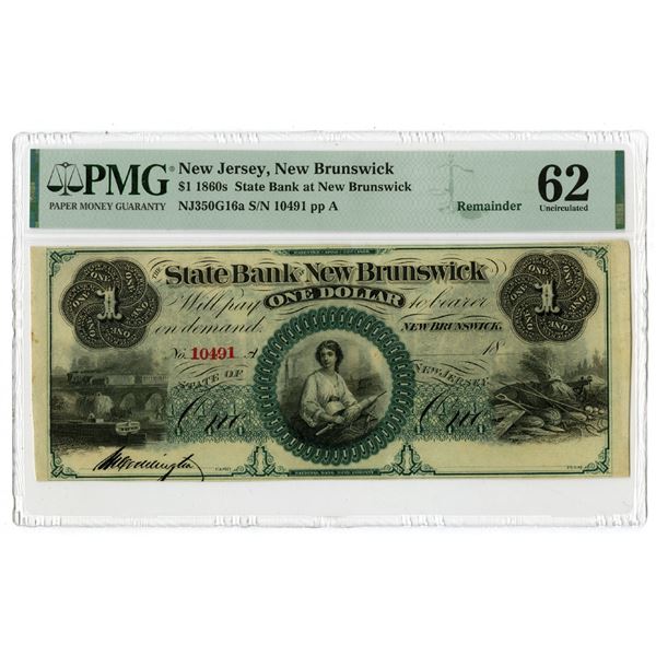 State Bank at New Brunswick, 1860s, $1, Remainder Obsolete Banknote