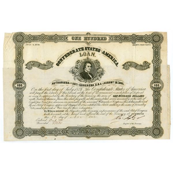 C.S.A. Act of August 19th, 1861 $100 (T97-B119, Cr.45) With Very Low S/N 9