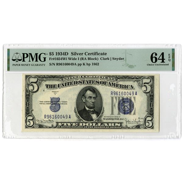 U.S. Silver Certificate, $5, Series of 1934 D, Fr#1654Wi Wide I (RA Block), Issued Banknote.