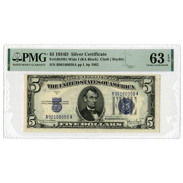 U.S. Silver Certificate, $5, Series of 1934 D, Fr#1654Wi Wide I (RA Block), Issued Banknote.
