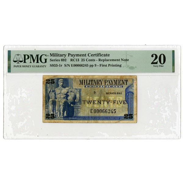Military Payment Certificate, 25 Cents, S933-1r, Series 692, RC13  - Replacement Note Highest S/N #E