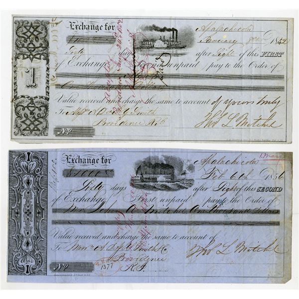 Apalachicola, Florida, Pair of First and Second of Exchanges, dated 1852 and 1856