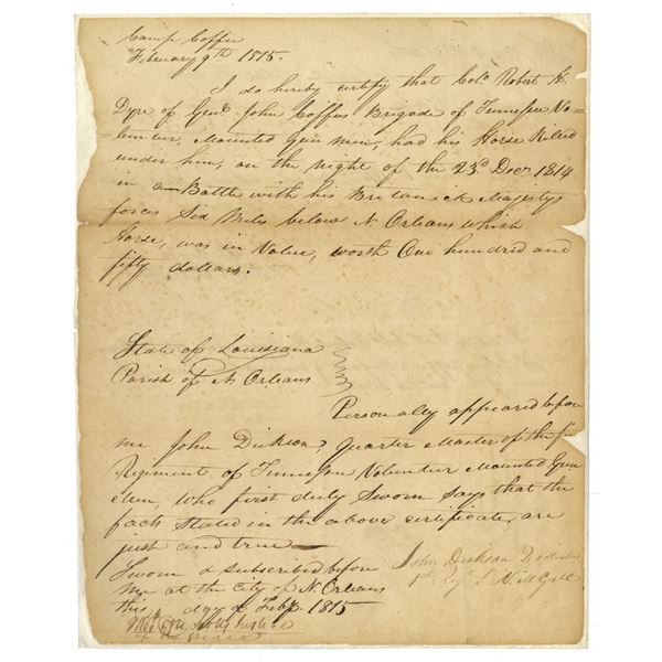 Battle of Orleans, during the War of 1812, Letter dated 1815 Referring to and Signed by Colonel Dyer