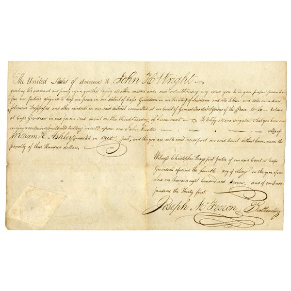 Early Louisiana Territory, May 4th, 1807, Summons for John H. Wright to Appear in Court