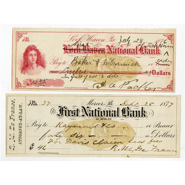 First National Bank, Pair of Issued Checks with Rare Imprinted Revenues RN-K11, 1876-77