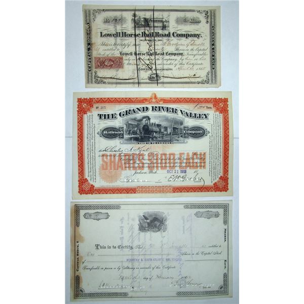 Massachusetts, Michigan, Kentucky, Railroad Stock Certificate Trio, ca.1868-1913