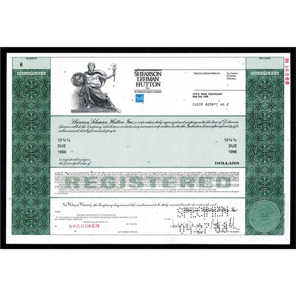 Shearson Lehman Hutton, Inc., 1986 Specimen Registered Bond.