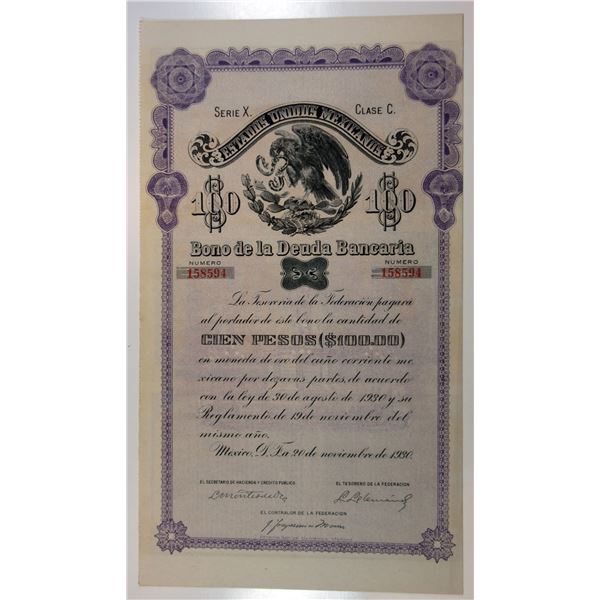 Estados Unidos Mexicanos, Bono De La Deuda Bancaria, 1930 I/U Coupon Bond.