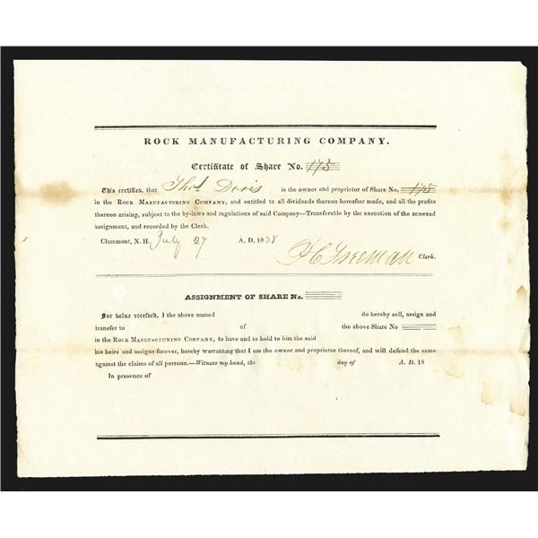 New Hampshire, Rock Manufacturing Company, 1838 I/U Stock Certificate.