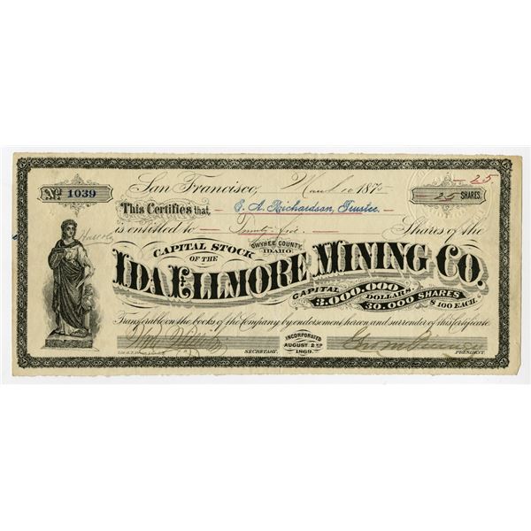 Ida Ellmore Mining Co., 1875, I/U Stock Certificate