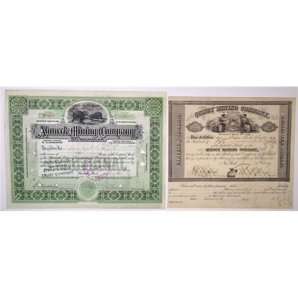 Quincy Mining Co., 1859, and Ahmeek Mining Co., 1920, I/C Stock Certificate Pair.