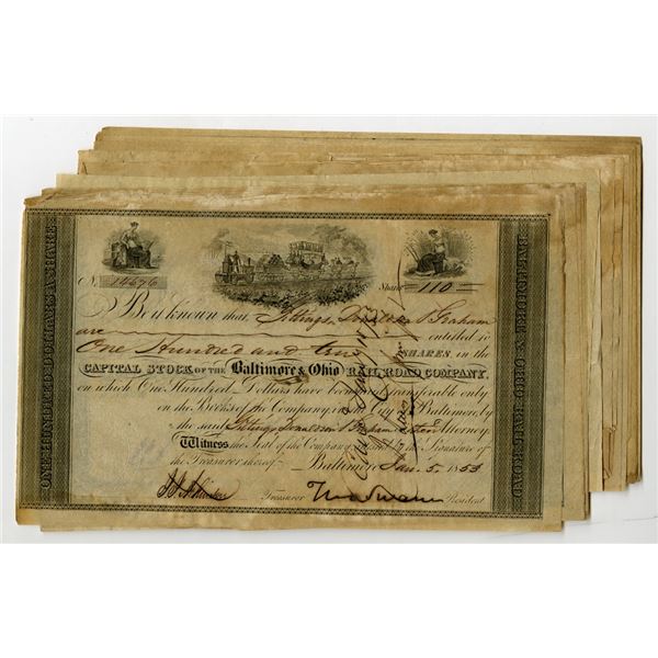 Baltimore & Ohio Rail Road Co., 1852-53, Group of 21, I/C Stock Certificates, Unchecked for Signatur