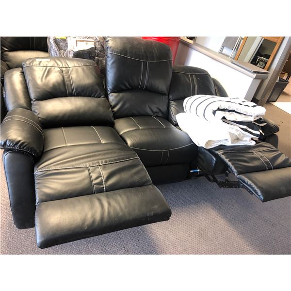 Dual reclining black leather sofa w/ throw blankets - approx. 81in wide x 3ft depth x 41in height un