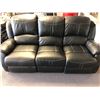 Image 3 : Dual reclining black leather sofa w/ throw blankets - approx. 81in wide x 3ft depth x 41in height un