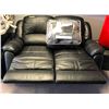 Image 1 : Dual reclining black leather loveseat sofa w/ reversible comforter - approx. 5ft wide x 3ft depth x 