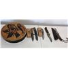 Image 2 : Group of assorted pocket knives w/ First Nations decorative piece - includes Browning folding knives