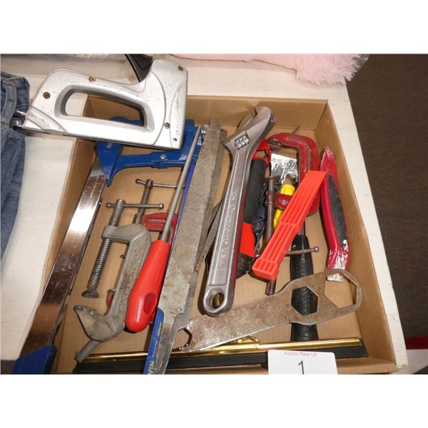 misc tools: wrench, clamps, stapler, file, hammer