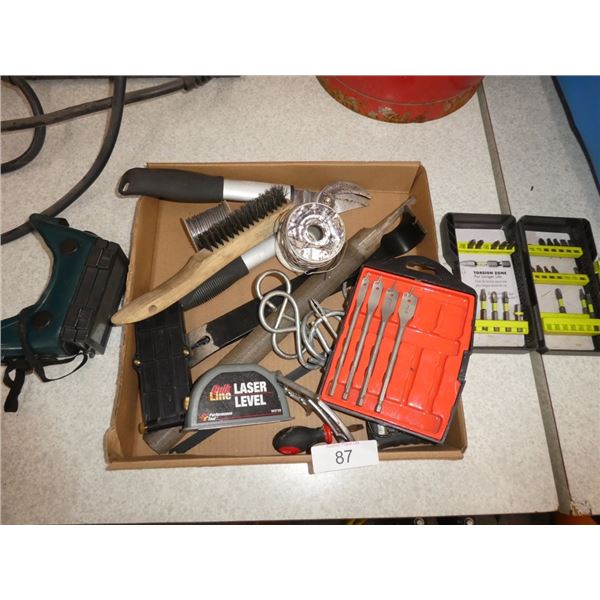 wire brush, laser level, pry bar, bits, cutters