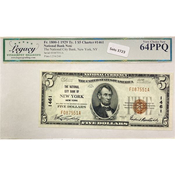 1929 New York Bank, NT $5 Legal Tender Note LCG V