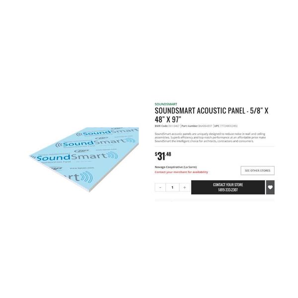 BP SoundSmart Soundproofing panel 48"x97" x 5/8" = Lot of one