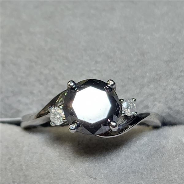 10K White Gold Black Brilliant Cut Diamond 1.7 Carat with Side Diamonds .08 Carats Solitaire Ring si