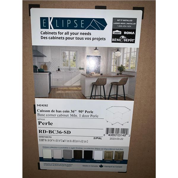 Eklipse Base Corner Cabinet 26" 1 Door Style Perle 35.88"w x 34 3/4"h x 36 1/4" d