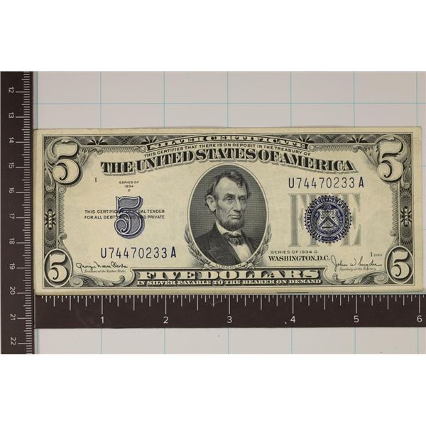 1934-D $5 SILVER CERTIFICATE (CRISP AU) WATCH FOR